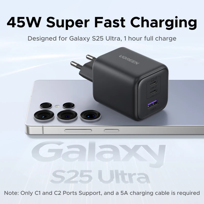 UGREEN GaN travel charger 45W for iPhone Pro Max, Galaxy S25 Ultra and USB-C tablets in UAE